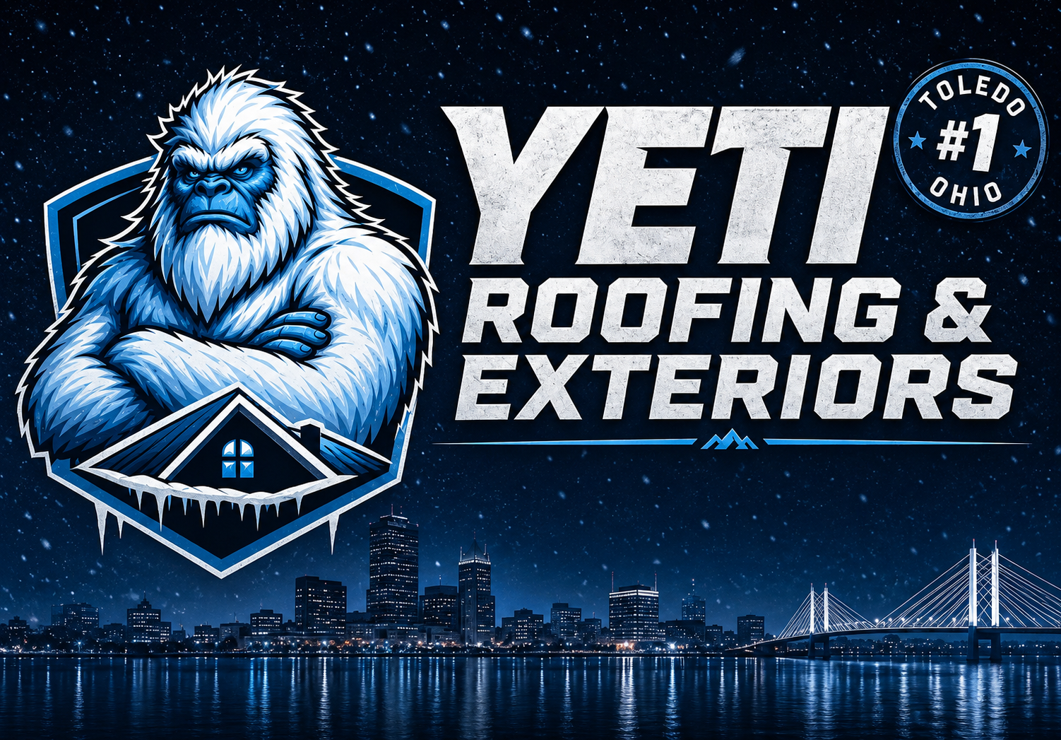 Yeti mascot over the Toledo skyline at night